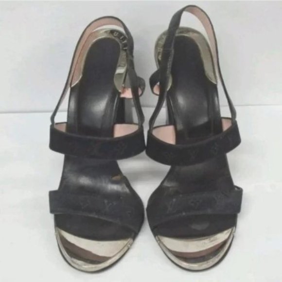 L Vuitton black chrome silver open toe logo pumps - Picture 5 of 7